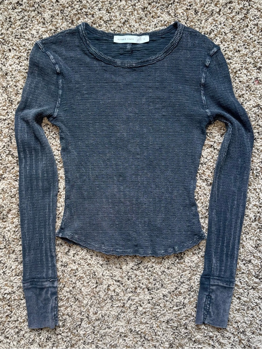 Altar'd State Small Slate Gray Mineral Wash Ribbed Long Sleeve Raw Edge Top S